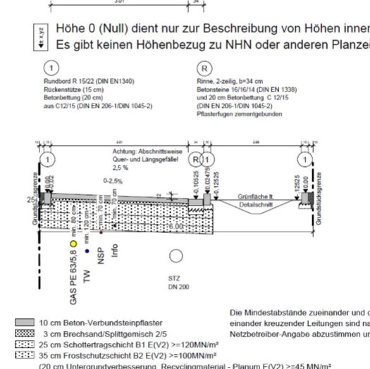 Schnittzeichnung einer zu bauenden Straße mit Leitungstrassen von Architekt Oliver Schilling