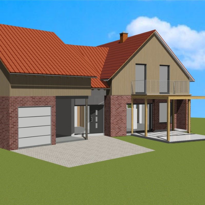 Blick auf das dörfliche Einfamilienhaus als CAD Animation von Architekt Oliver Schilling
